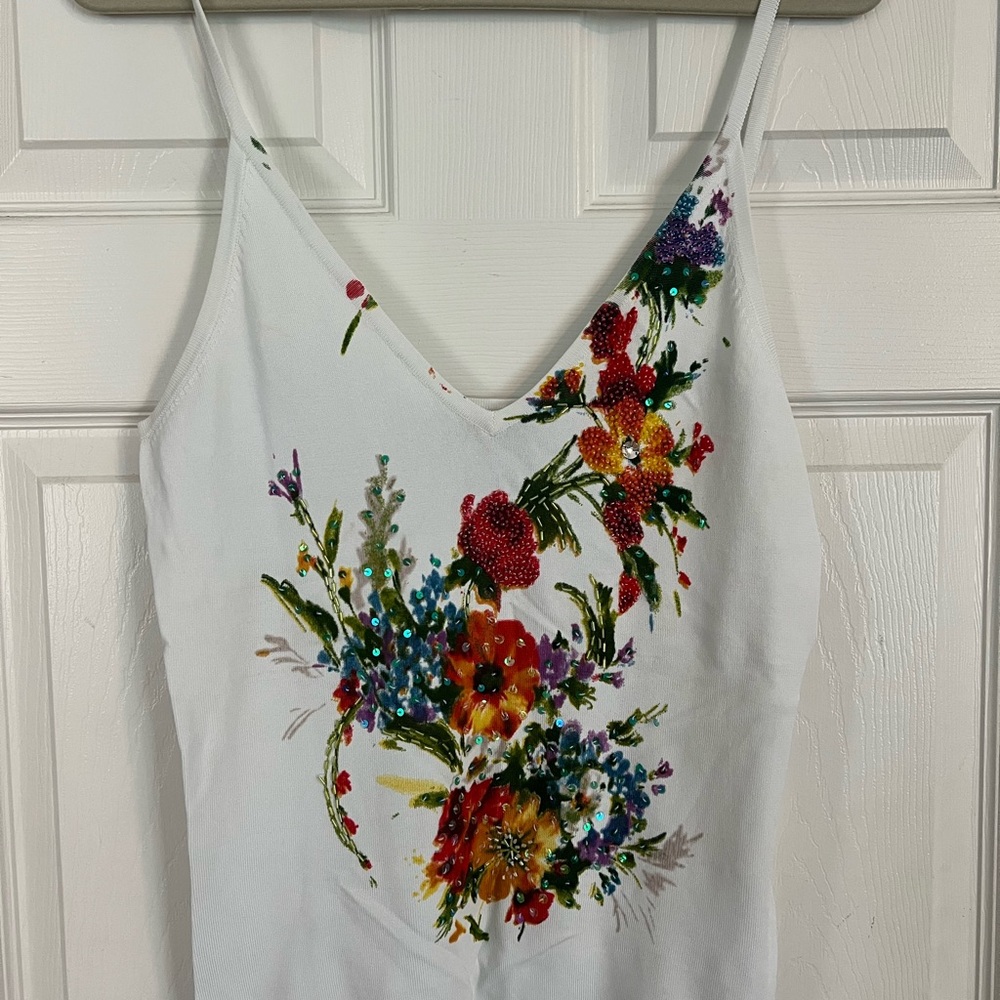 Vertigo Paris White Tank Top with Multicolor Floral Embellishment